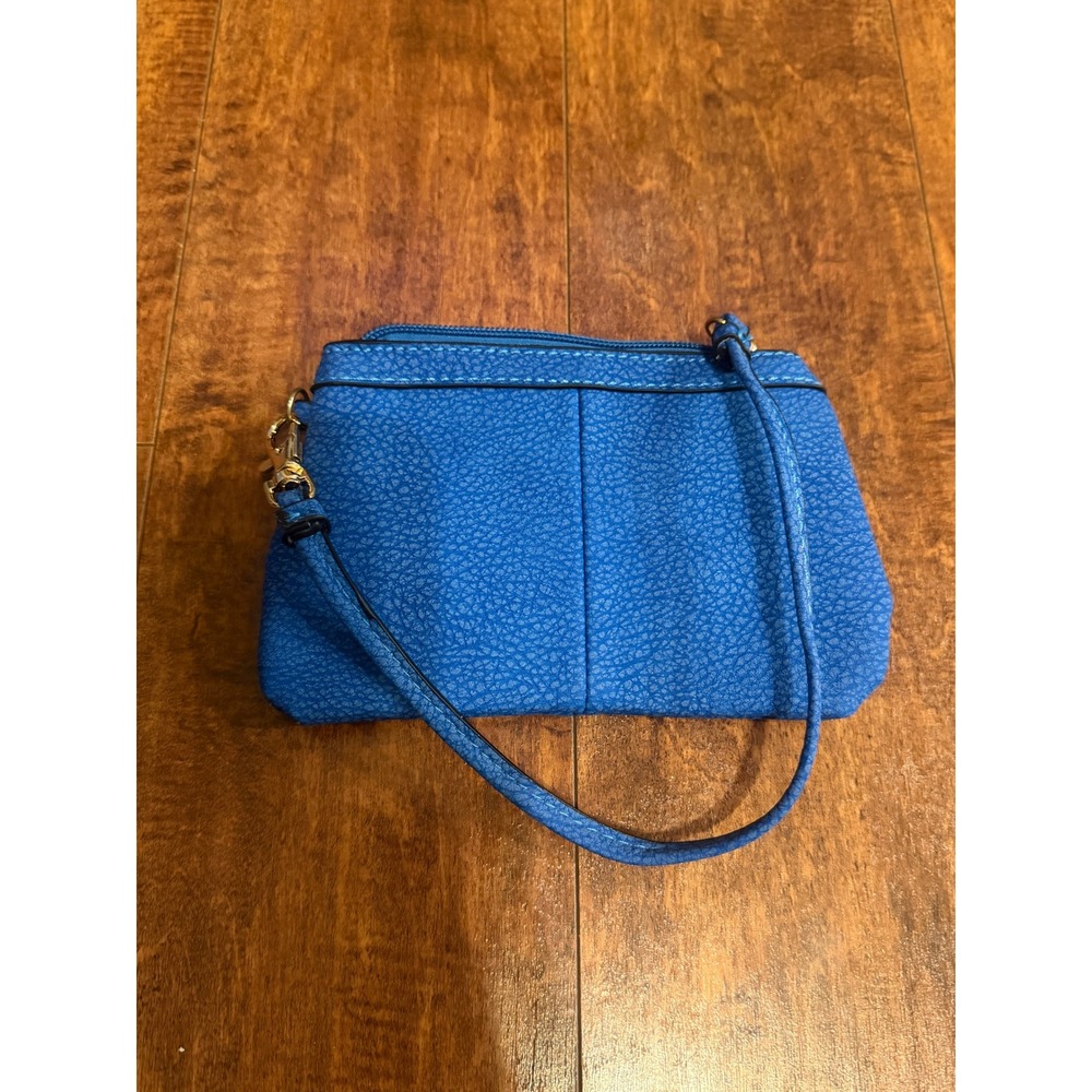 Wilsons Leather Blue Pebbled Leather Wristlet Zip Pouch Gold Hardware